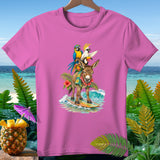 Donkey with parrots and toucan surfing on a pineapple-themed surfboard.
