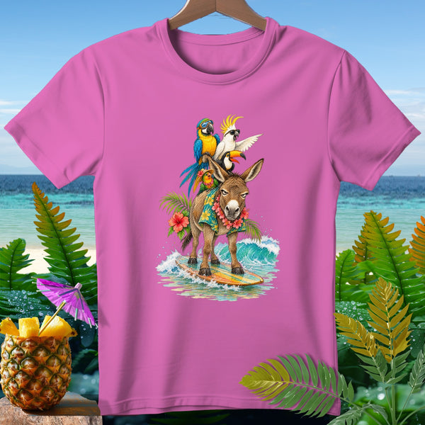 Donkey with parrots and toucan surfing on a pineapple-themed surfboard.