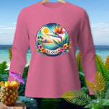 Pink long-sleeve shirt with a circular tropical design featuring a bird of paradise and the word 