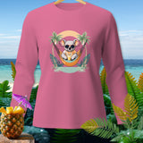 Pink long sleeve shirt with graphic of koala in hammock with sunglasses and drink.