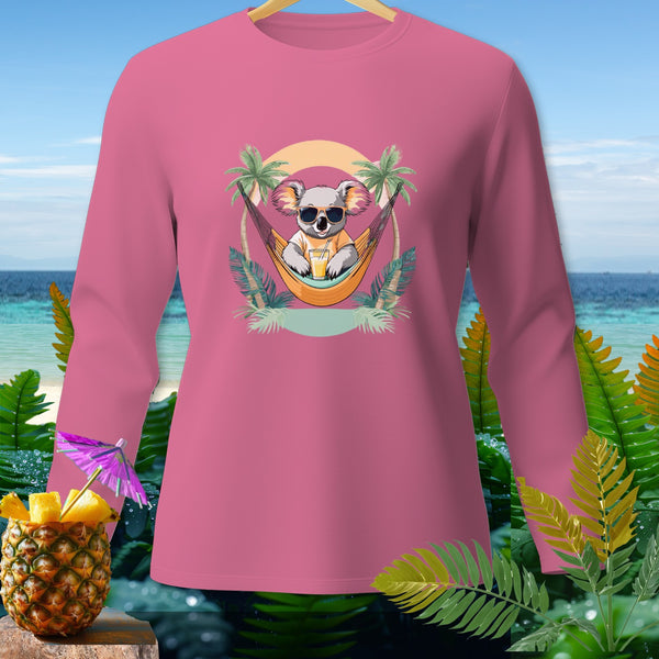 Pink long sleeve shirt with graphic of koala in hammock with sunglasses and drink.