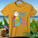 Yellow t-shirt with a cartoon ghost on shave ice, text reads 