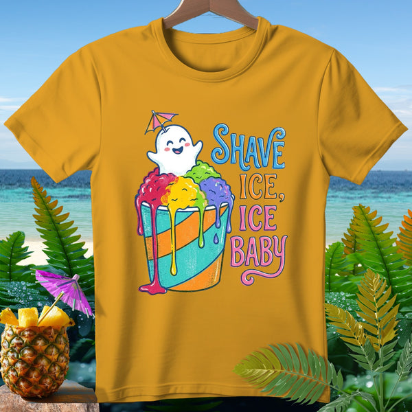 Yellow t-shirt with a cartoon ghost on shave ice, text reads "Shave Ice, Ice Baby".