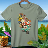 Three cartoon goats ride a scooter with bananas and a map, a tropical beach background.