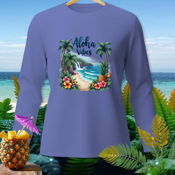 Purple long-sleeve shirt with "Aloha Vibes" tropical beach graphic.