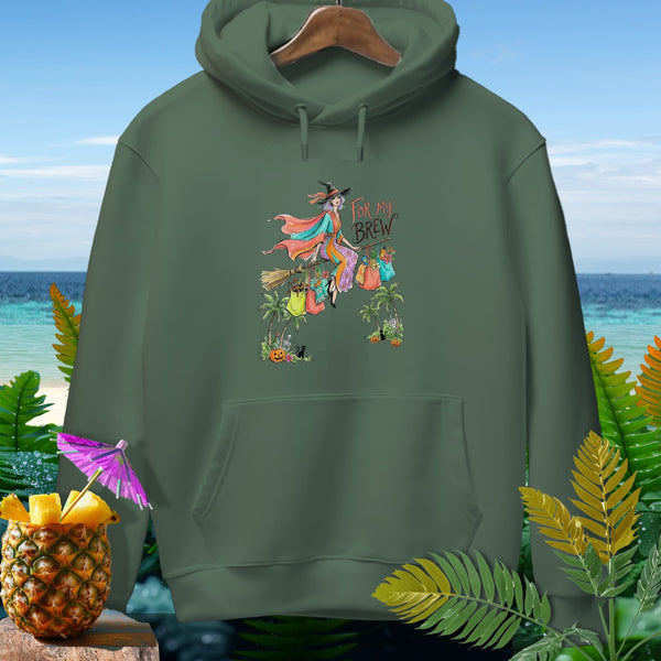 Green hoodie with witch illustration and "For My Brew" text.