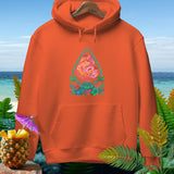 Orange hoodie featuring a colorful volcano eruption design with tropical foliage.