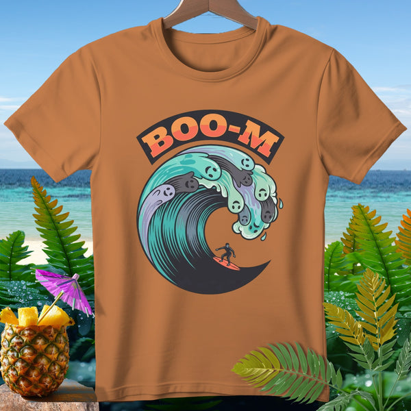 Orange t-shirt with "BOO-M" text and a surfer riding a wave of ghosts.