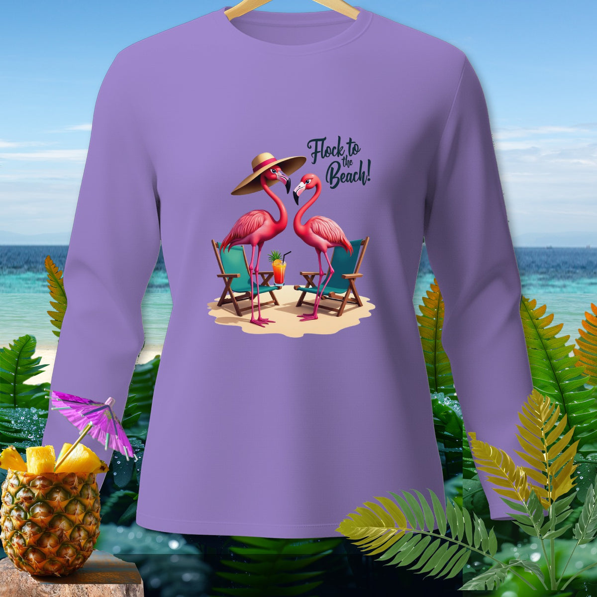 Purple long sleeve shirt with two flamingos sitting on beach chairs.