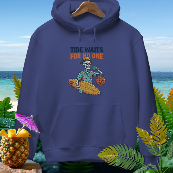 Navy hoodie with skeleton surfer graphic and "Tide Waits For No One" text.