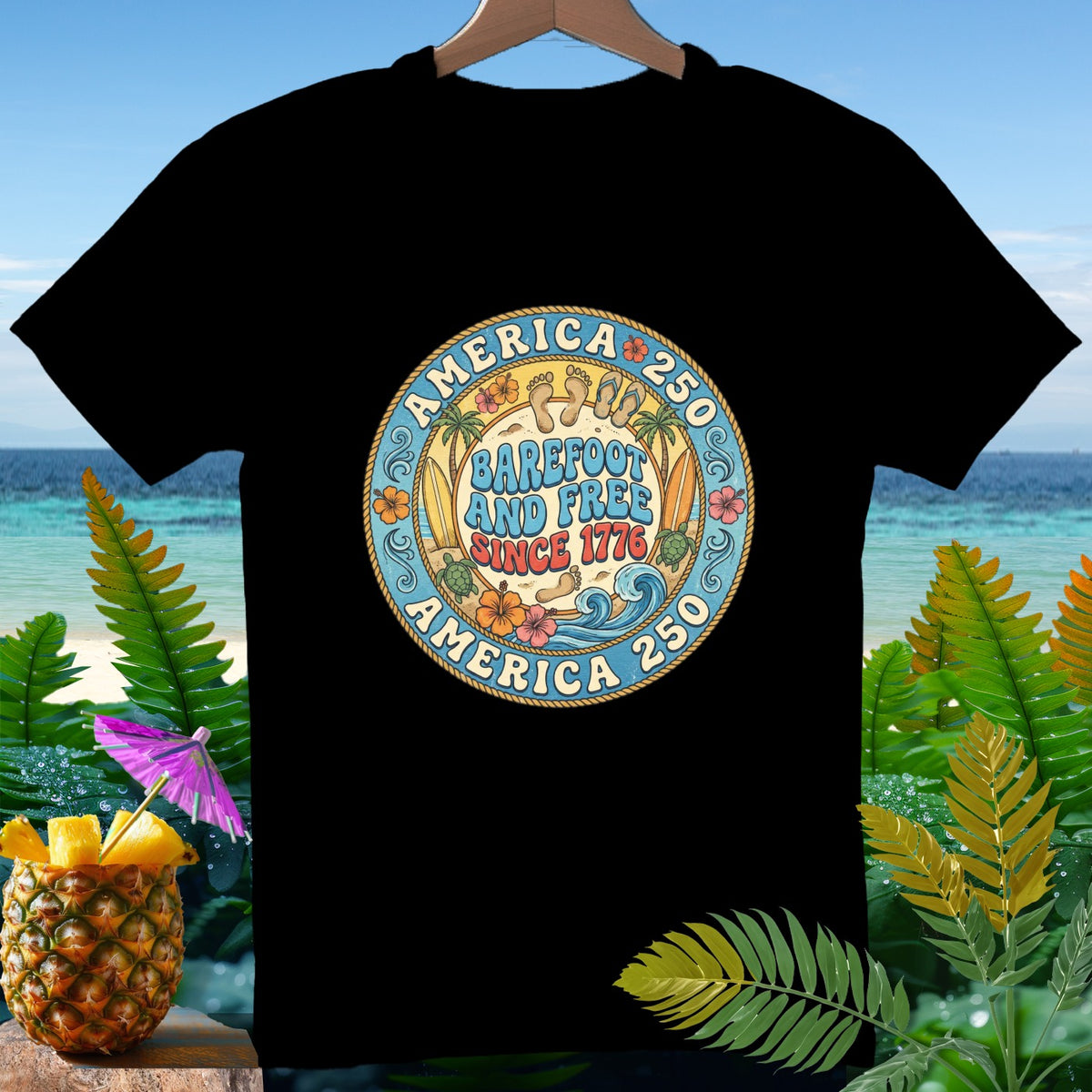 Black t-shirt with "America 250 Barefoot and Free Since 1776" circular graphic.