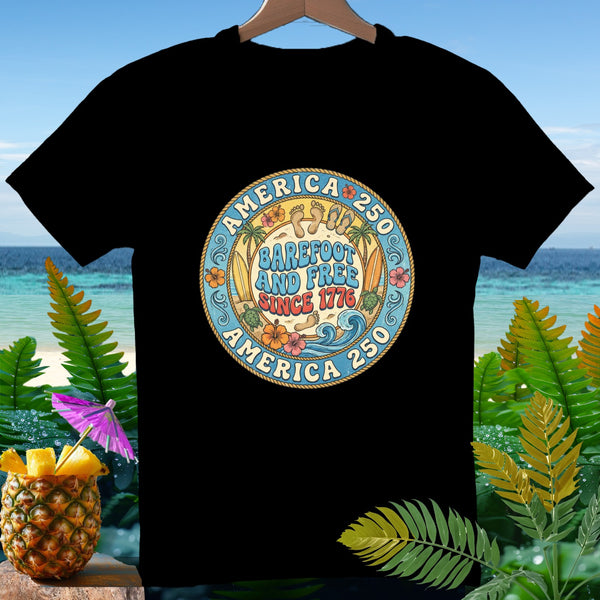 Black t-shirt with "America 250 Barefoot and Free Since 1776" circular graphic.