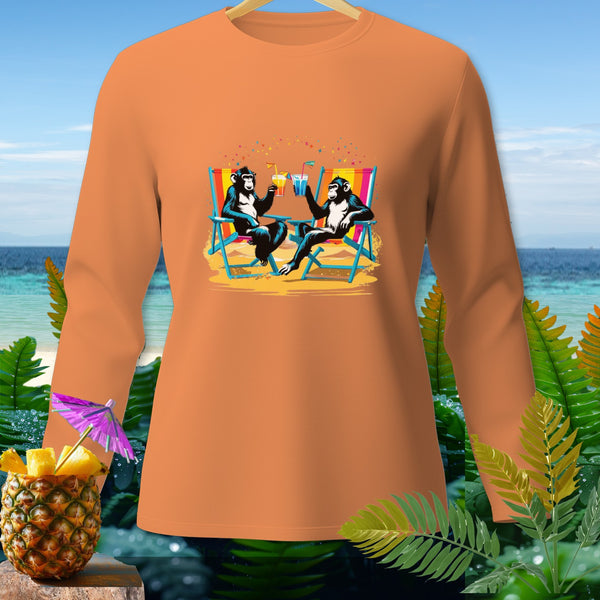 Orange long-sleeve shirt with monkeys drinking cocktails on beach chairs graphic.