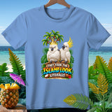 Light blue t-shirt with two cockatoos and text 