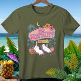 Olive t-shirt with ghosts relaxing under a 