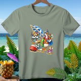 Group of cartoon ducks in beachwear walking on sand with cooler and umbrella.