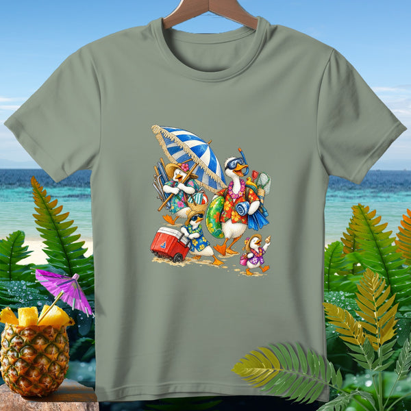 Group of cartoon ducks in beachwear walking on sand with cooler and umbrella.