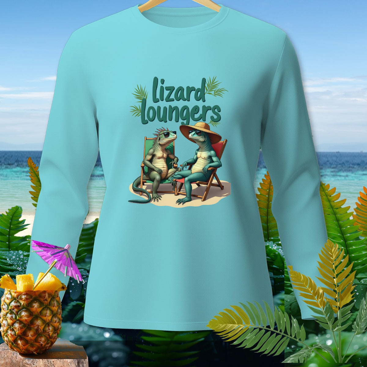 Light blue long-sleeve shirt with "Lizard Loungers" text and lizards relaxing on beach chairs.