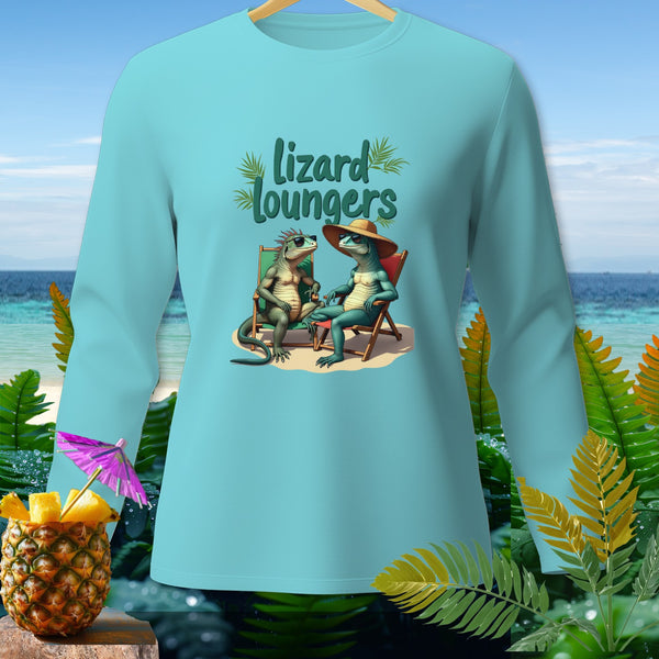 Light blue long-sleeve shirt with "Lizard Loungers" text and lizards relaxing on beach chairs.