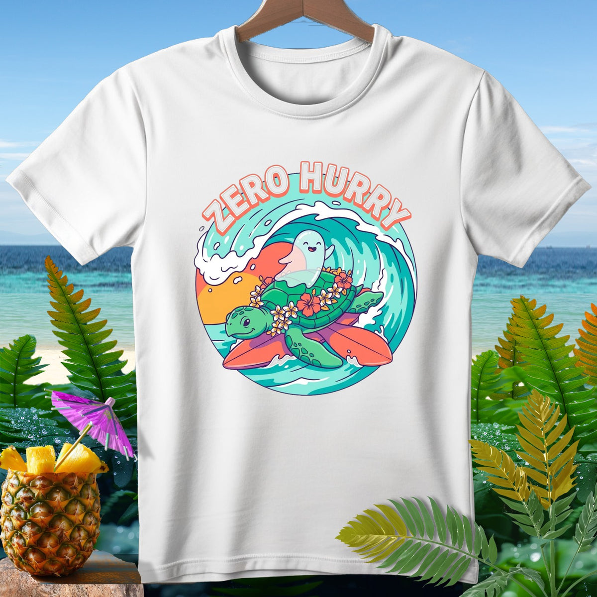 White t-shirt with a graphic of a turtle riding a wave with text "ZERO HURRY".