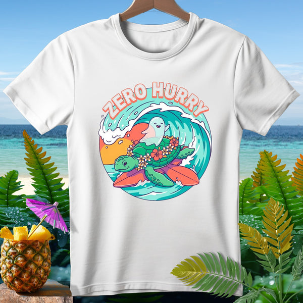 White t-shirt with a graphic of a turtle riding a wave with text "ZERO HURRY".