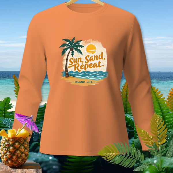 Orange long-sleeve shirt with "Sun, Sand, Repeat" and "Island Life" beach graphic.