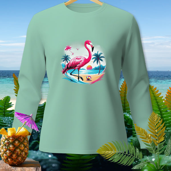 Long sleeve mint shirt with a pink flamingo and beach scene graphic.