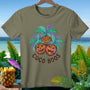 Olive t-shirt with "Coco Boos" text and three jack-o'-lantern coconuts with palm leaves.