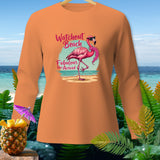 Orange sweatshirt with a flamingo graphic and text 
