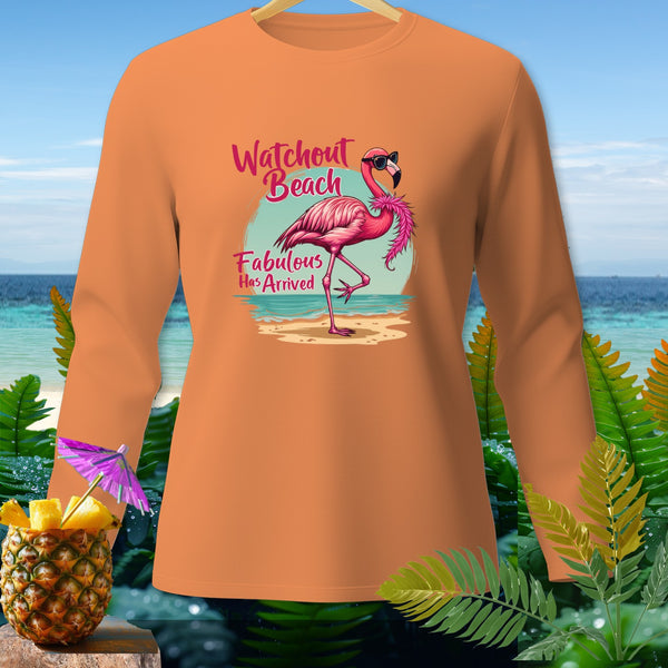 Orange sweatshirt with a flamingo graphic and text "Watchout Beach Fabulous Has Arrived".