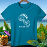 Teal t-shirt with white wave and hibiscus graphic and 
