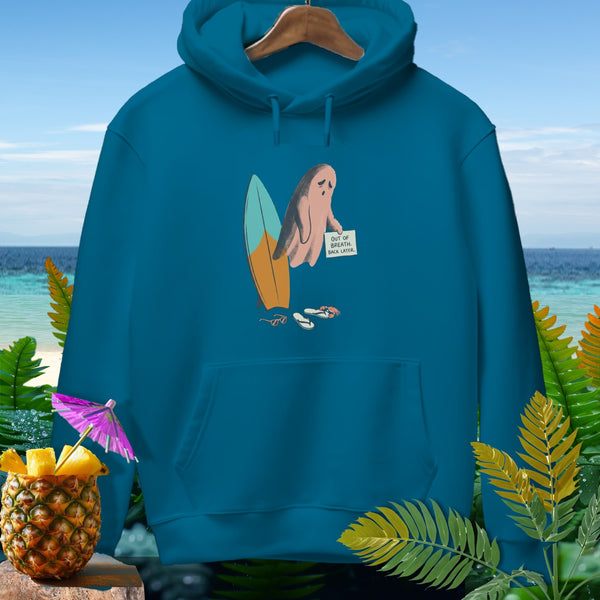 Teal hoodie with a ghost, surfboard, and "Out of Breath, Back Later" sign graphic.