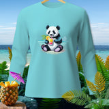 Light blue long-sleeve shirt with a panda drinking a cocktail on a beach.