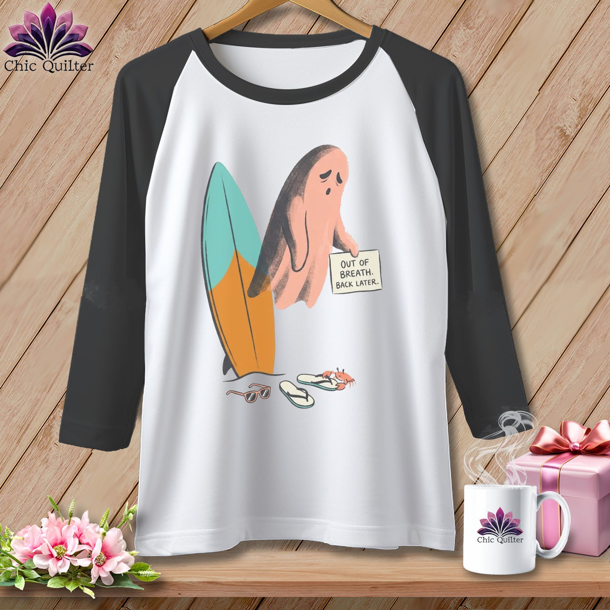Baseball tee with a sad ghost holding a sign saying "Out of breath. Back later."