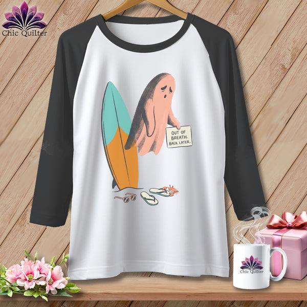 Baseball tee with a sad ghost holding a sign saying "Out of breath. Back later."