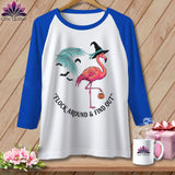 White t-shirt with blue sleeves featuring a flamingo in a witch hat with a pumpkin bag.