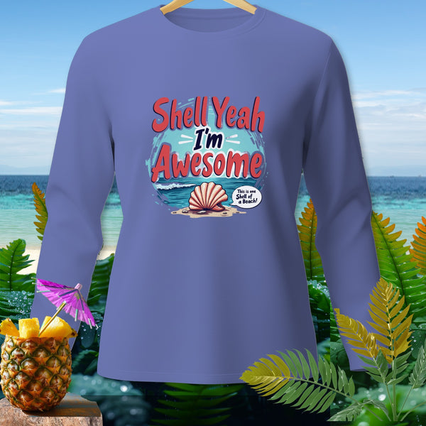 Purple long-sleeve shirt with "Shell Yeah I'm Awesome" and a seashell graphic.