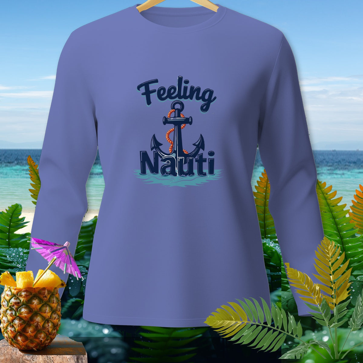 Long sleeve shirt with "Feeling Nauti" anchor graphic on a beach background.