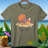 Hermit crab with pumpkin shell and candy corn, text 