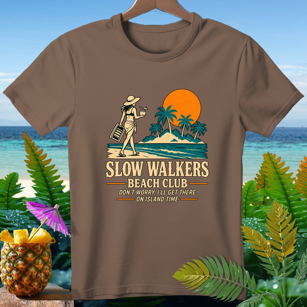 Brown t-shirt with "Slow Walkers Beach Club" and island graphic.