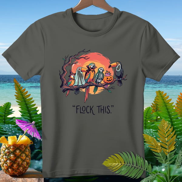 Parrots and toucan with Halloween costumes on a branch, text "FLOCK THIS."