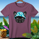 French bulldog wearing a blue hibiscus bucket hat on a plum t-shirt.