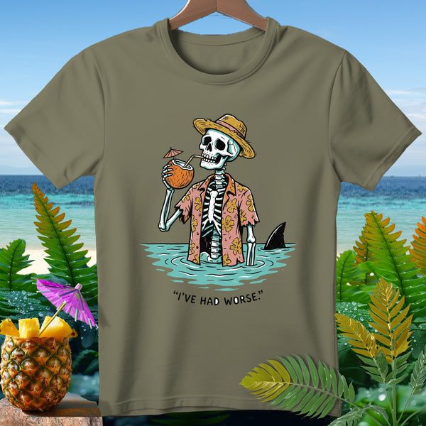 Skeleton in a Hawaiian shirt drinks coconut water with a shark fin behind it, text "I'VE HAD WORSE."