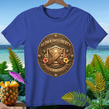 Blue t-shirt with gold seal that says 