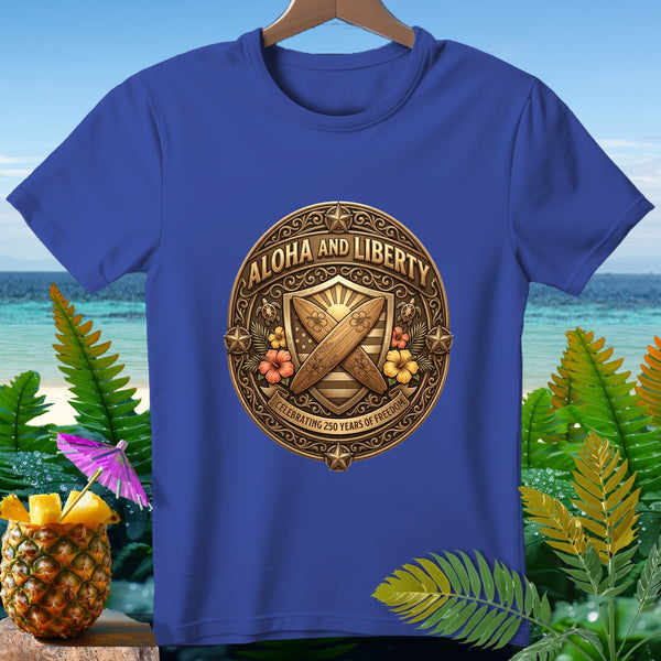Blue t-shirt with gold seal that says "Aloha and Liberty" and "Celebrating 250 Years of Freedom".