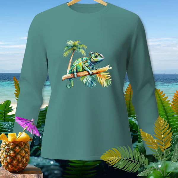 Teal long-sleeve shirt with a watercolor chameleon on a branch and tropical background.