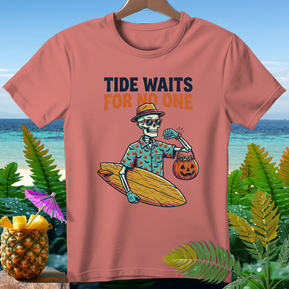 Skeleton with surfboard and candy bucket, "Tide Waits For No One" text.