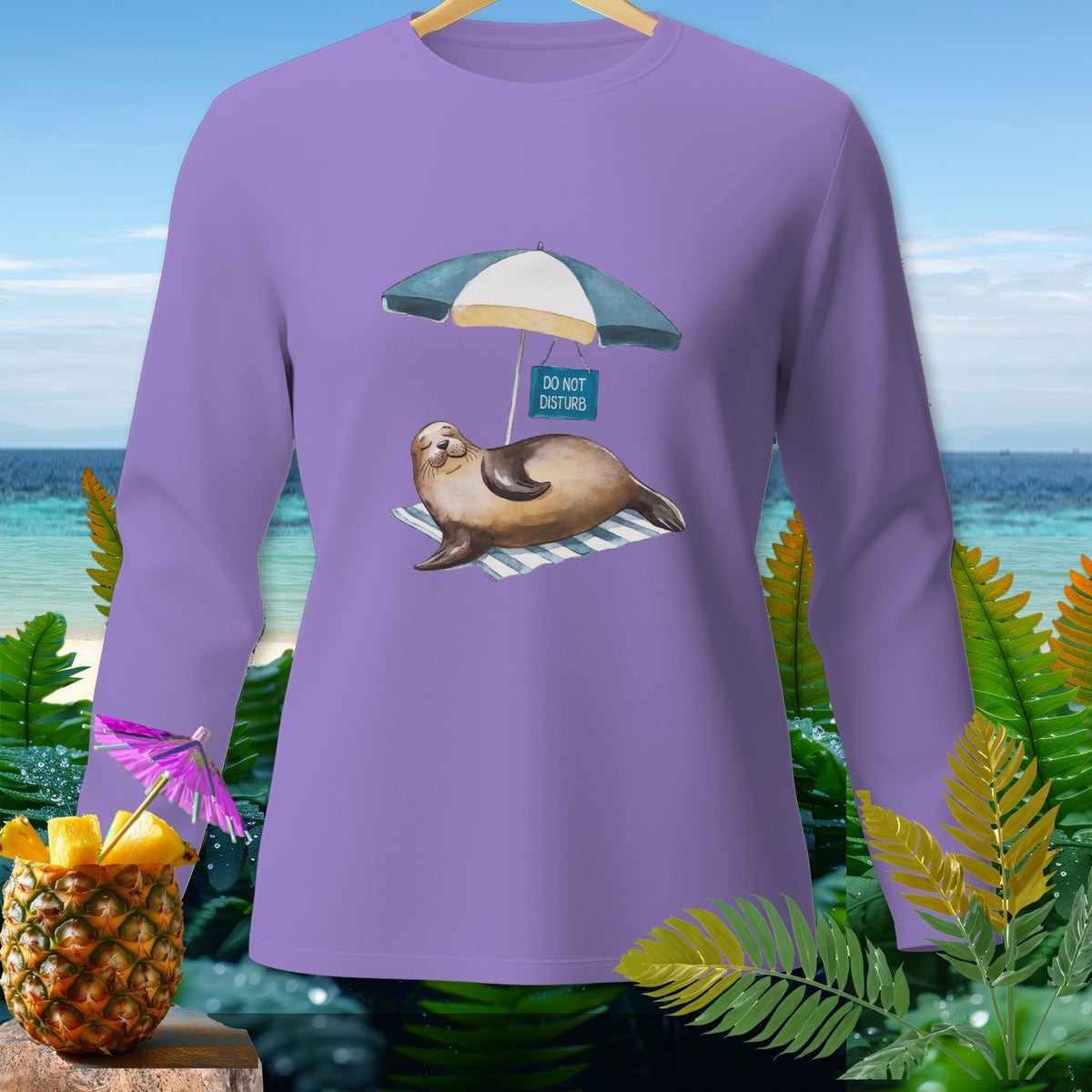 Lavender long-sleeve shirt with a seal under an umbrella that says "Do Not Disturb."