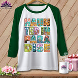 Green and white raglan sleeve t-shirt with 