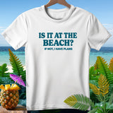 White t-shirt with blue text 